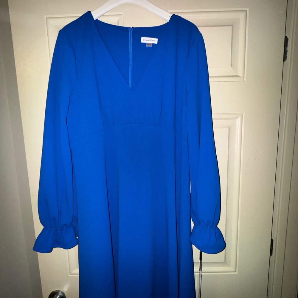 Calvin Klein Blue V-Neck Bishop Sleeve Sundress